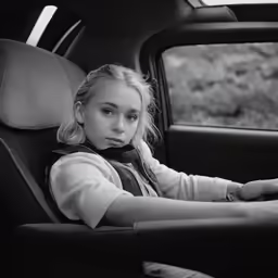 the young girl is posing in the backseat of her car