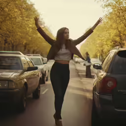 a woman walking along the street in high heels