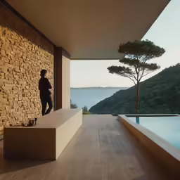 a person on a deck near the ocean and a tree