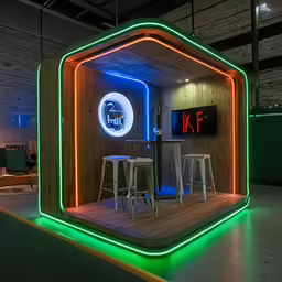 some neon lights that are all inside of a building