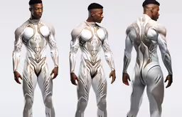 three male body - scannings with a futuristic design on them,the three models in a body suit and one without