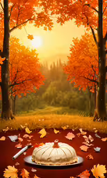 a plate sitting on top of a red surface next to trees,a white cake sitting on a plate with leaves