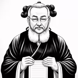 a cartoon of an oriental man with a paper on his chest