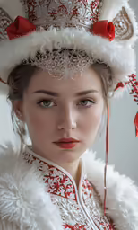 a woman with a red nose ring and white costume