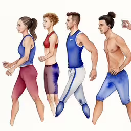 a set of five images depicting the same person wearing different sports clothing,a drawing of a man and woman running,three men and a woman are in different sports clothing,six men and women are walking in different colors,drawing of people running in various colors