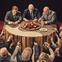 four men sit at a table in front of a man with a plate of fruit
