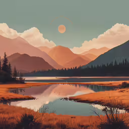 the landscape has mountains, grass, and water,the image shows the setting sun and some mountains