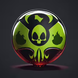 a green and black skull head with white teeth on a red circle,an art - themed helmet with alien heads on it