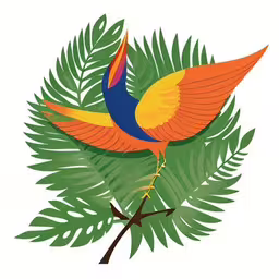 a colorful bird on a branch with leaves,bird perched on top of the palm tree branch