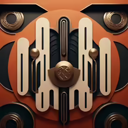 a clock with various designs on a red and black background