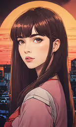an animated anime girl with long black hair,a woman in a pink top looking to the side
