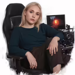 a woman sitting on a chair in front of a camera