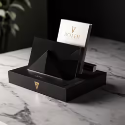 a black box holds a booklet and card