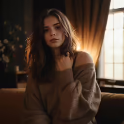a beautiful woman posing on the couch in the living room