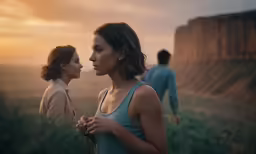 a woman standing next to a man on top of a hill