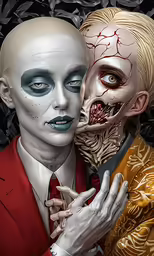 two human heads with a skull and human body