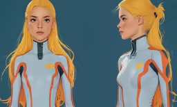 a woman in a blue and orange outfit
