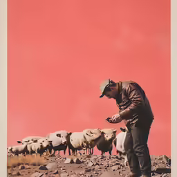 a man looks down at his herd of sheep