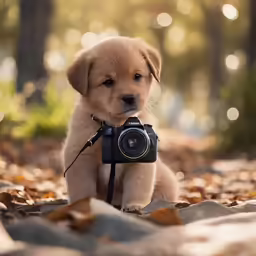 a puppy holding a camera and walking through leaves