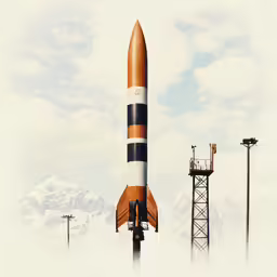 an orange and black rocket with a blue stripe is being moved up into the sky