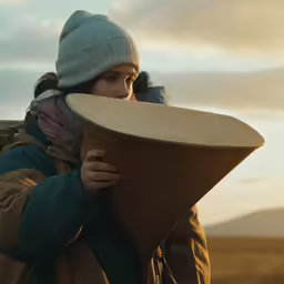 a person wearing a hat and carrying an object