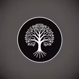 the symbol for a tree on a circle,a round black and white logo with a tree in it