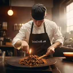 a person wearing a apron lighting candles in a chocolate cake