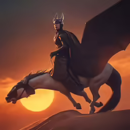 a person riding a horse with a cape on