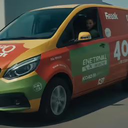 a yellow van with an orange and green side stripe