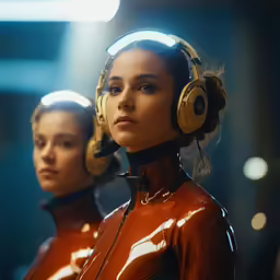 a woman wearing headphones and another with a headset