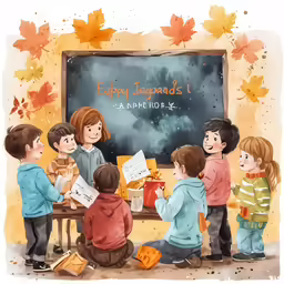 two girls giving presents to five children at a chalkboard