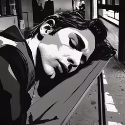 a man laying his head down on a bench,a man with his head on his hand resting on a wooden bench