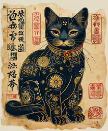 a picture of a black cat sitting on top of a piece of paper,a black and white cat with chinese writing around it