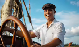 a woman standing on the side of a boat next to a steering wheel