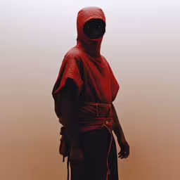 a person with a hood in a photo,a man dressed in red standing in front of a white wall