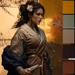 woman in a long robe and flower in hair standing outside with colors
