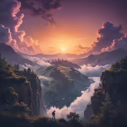 a person standing on top of a cliff near clouds