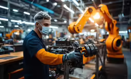 an industrial worker wearing a face mask works on a machine in a factory