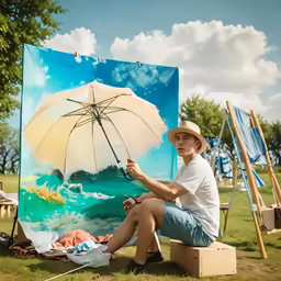 a man sitting on the ground painting a picture