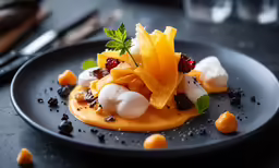 a plate with some dessert on it is sitting on a table