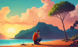 a man sits on a cliff looking out at a sunset,a man sitting on a beach watching the sunset