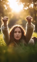 a girl laying on the grass with her hands in the air