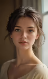 a girl with long hair standing by a window