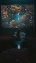 a person sits on a bench under the light of a projector