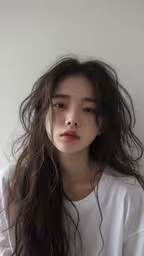 an asian woman with long dark hair, wearing a white t - shirt,an asian woman with long hair and dark brown eyes