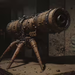 an antique wooden telescope sits in a room
