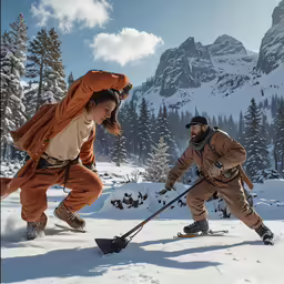 two people dressed as men in orange and white with mountains in the background