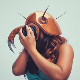 a woman in a helmet covering her face with her hands