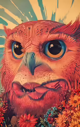 a drawing of an owl face with a floral background