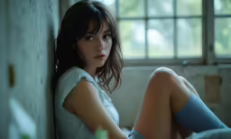 a pretty young woman sitting next to a wall